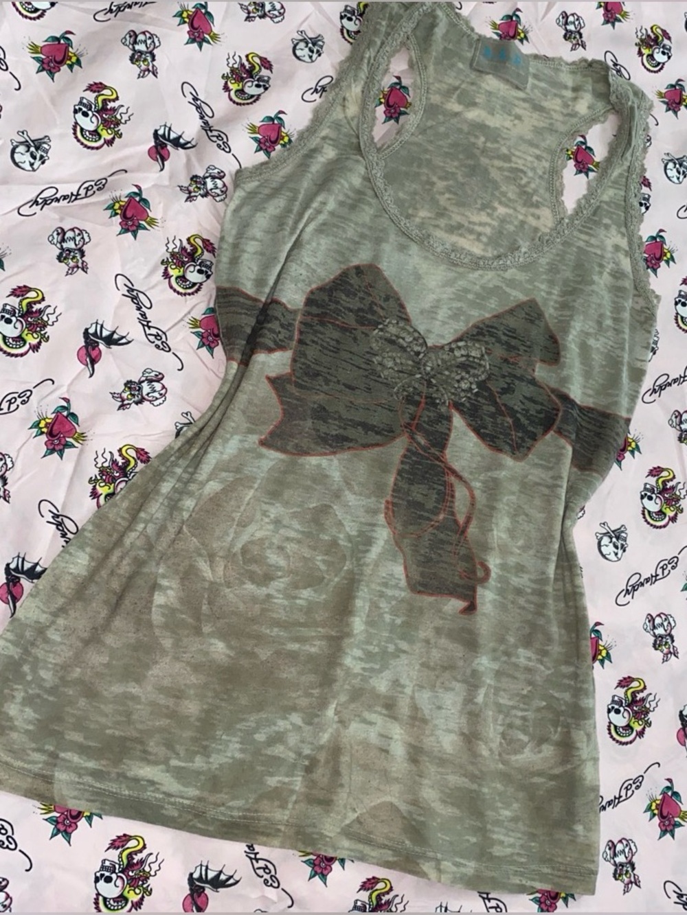 h.i.p. Olive Green Racerback Tank with Bow Graphic